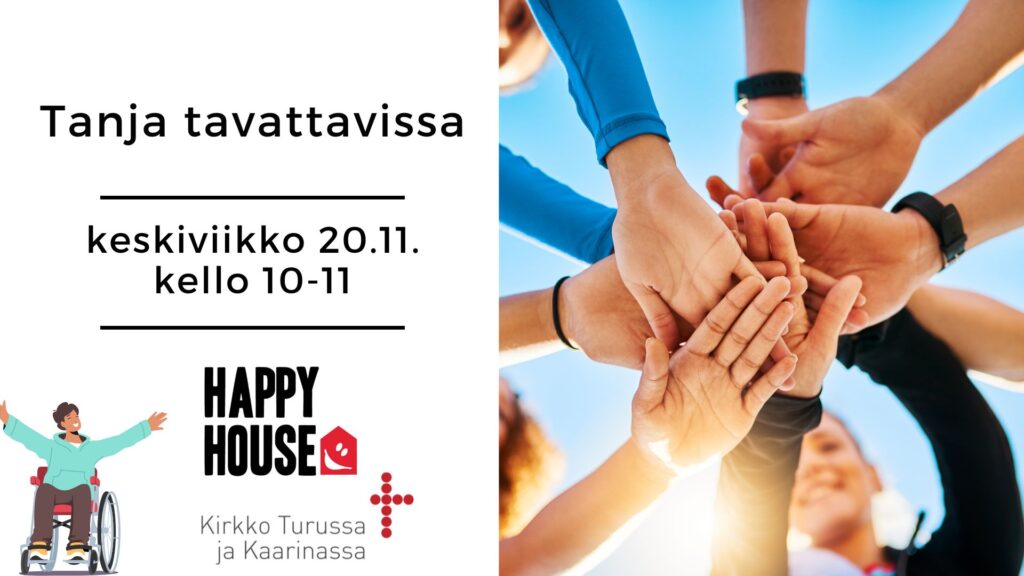 Mainos Happy Housen ohjelmasta Tanja tavattavissa, keskiviikkona 20.11. kello 10-11. Kuva monesta kädestä kiinni toisissaan.